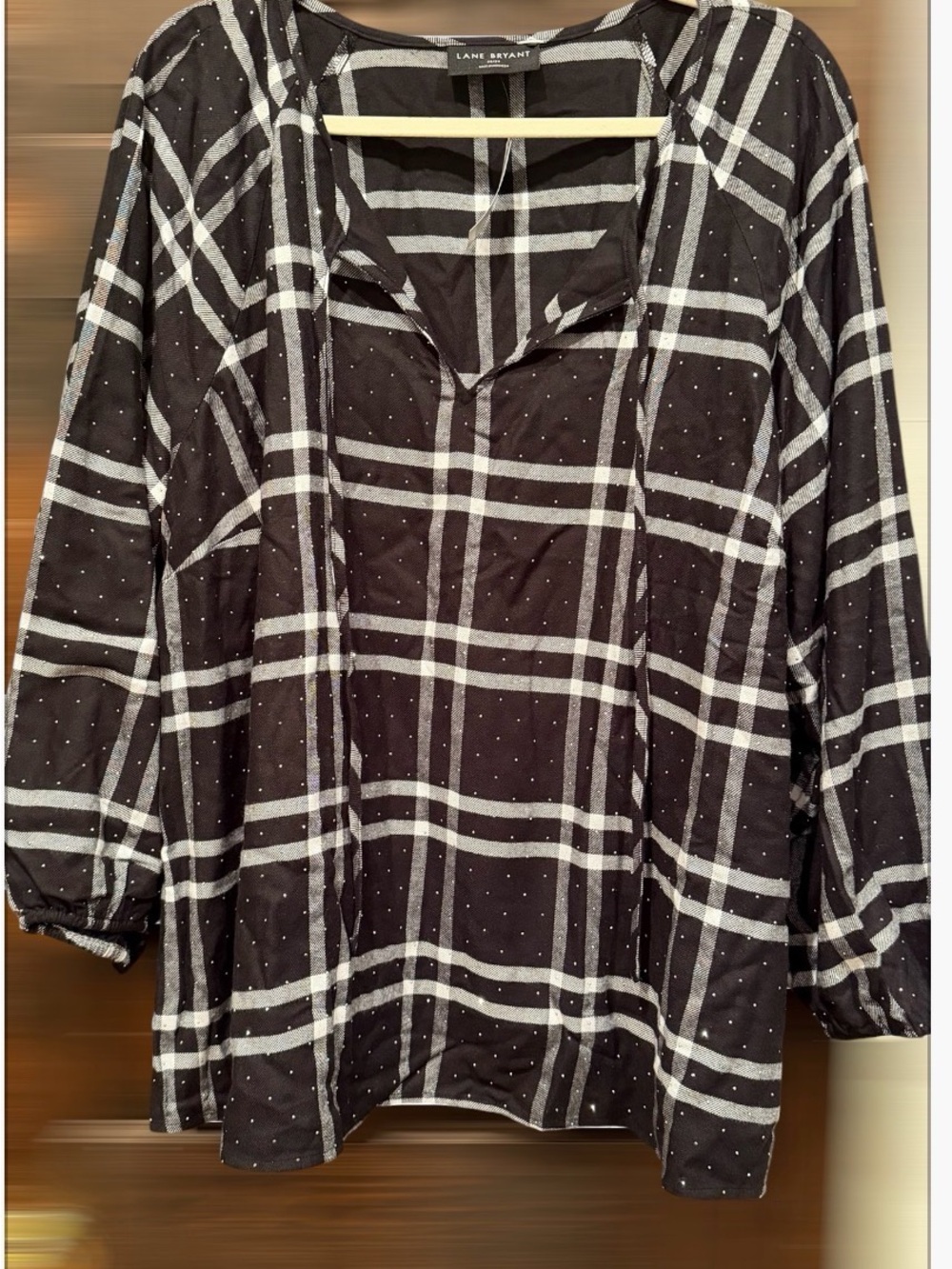 Lane Bryant Black and White Plaid Split V-Neck with Sequins